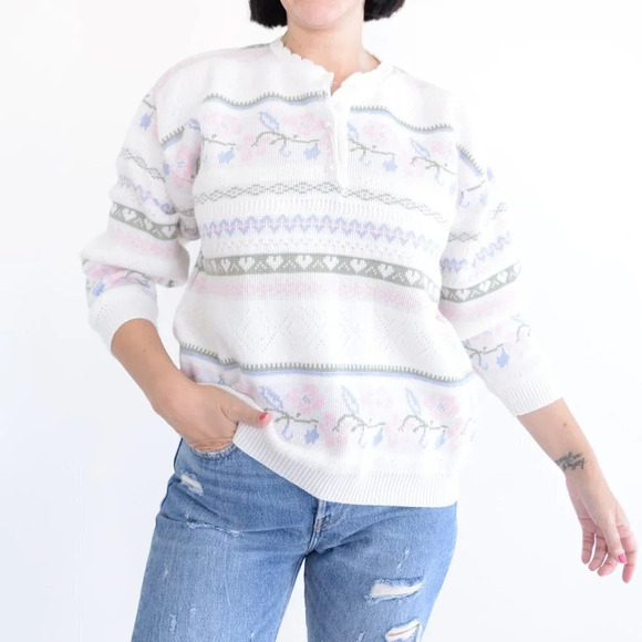 Vintage Grace Cream with Pink  Floral Half Button Down Sweater - Picture 3 of 13